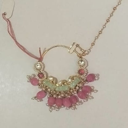 the Zevar Nath Pastel Pink & Mint Beaded Hoop Nath with Pearls – Gold Finish