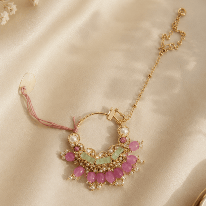 the Zevar Nath Pastel Pink & Mint Beaded Hoop Nath with Pearls – Gold Finish