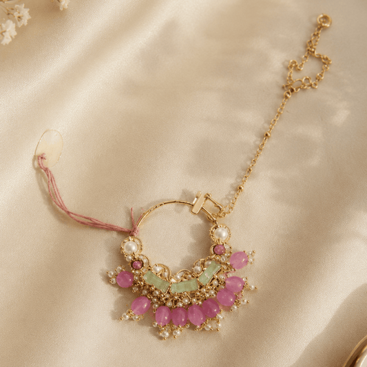 the Zevar Nath Pastel Pink & Mint Beaded Hoop Nath with Pearls – Gold Finish