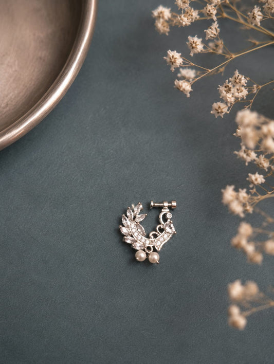 the Zevar Nath Rhodium Plated American Diamond Leafy Clip-On Nath / Ear Cuff