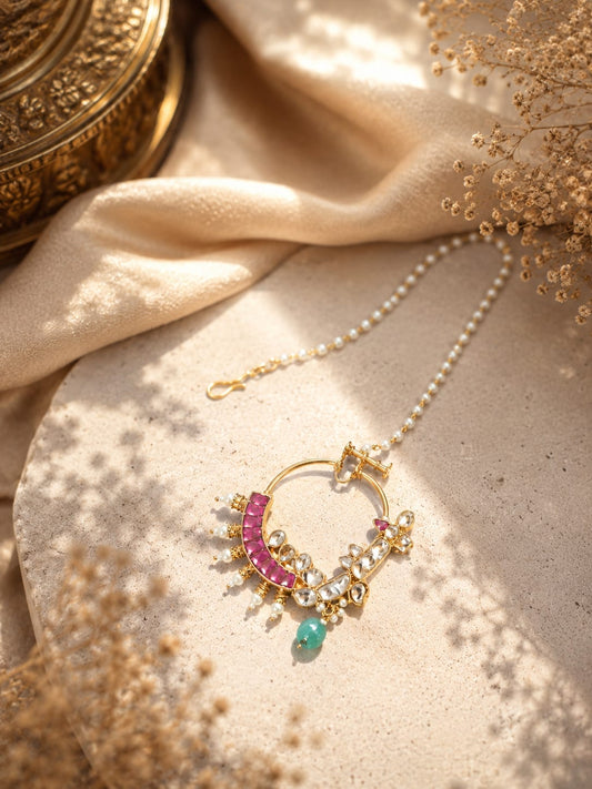 the Zevar Nath Royal Kundan & Ruby Style Bridal Nath with Pearl Chain