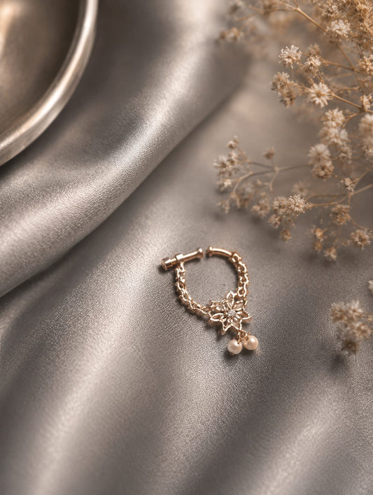 the Zevar Nath Silver Tone Screw-On CZ Nose Pin & Cuff