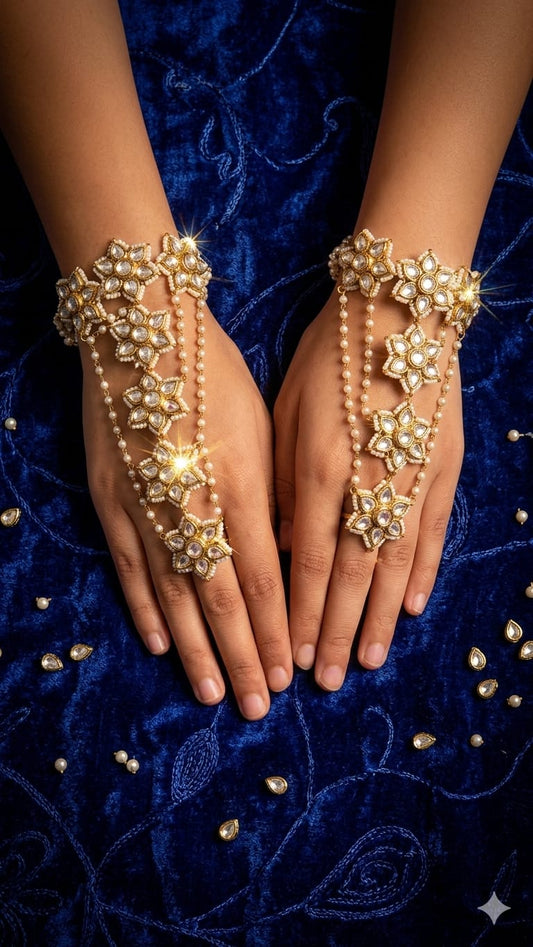 the Zevar Pearl Hathphool Set Traditional Floral Kundan & Pearl Hathphool Set