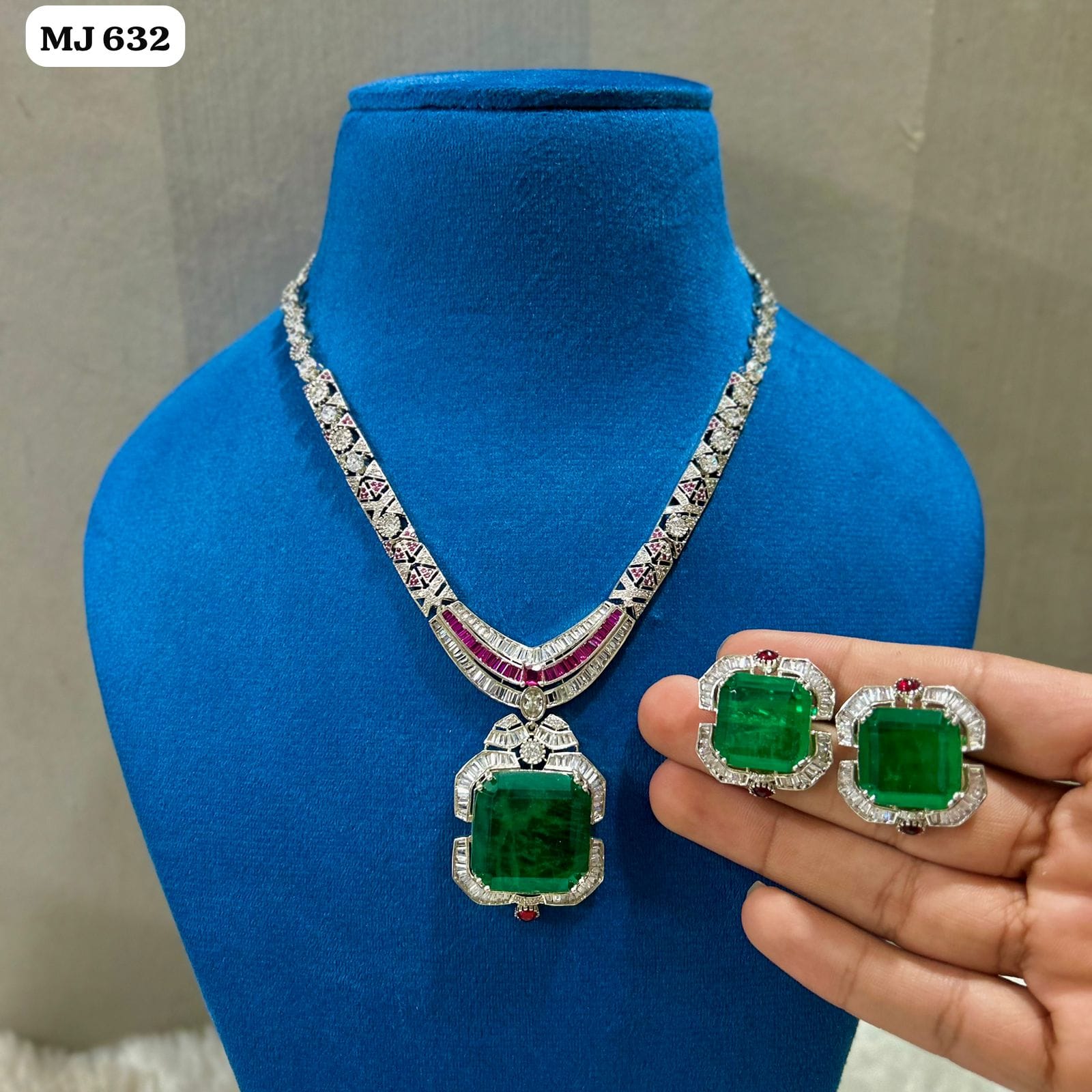 the Zevar pendant necklace set With Matching Stud Earrings D Green + Maroon Luxury Square-Cut Statement Pendant Necklace Set with Matching Stud Earrings