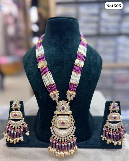 the Zevar pendant necklace set With Matching Stud Earrings Dark Pink The Zevar Signature Tricolor Beaded Mala with Statement Pendant