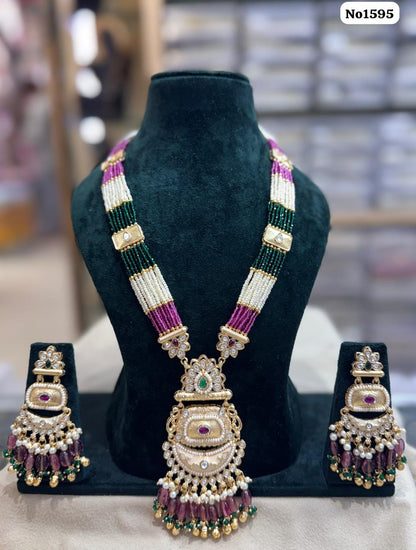 the Zevar pendant necklace set With Matching Stud Earrings green & pink The Zevar Signature Tricolor Beaded Mala with Statement Pendant