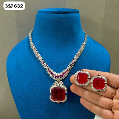 the Zevar pendant necklace set With Matching Stud Earrings Maroon Luxury Square-Cut Statement Pendant Necklace Set with Matching Stud Earrings