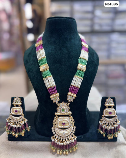 the Zevar pendant necklace set With Matching Stud Earrings Multicolor The Zevar Signature Tricolor Beaded Mala with Statement Pendant