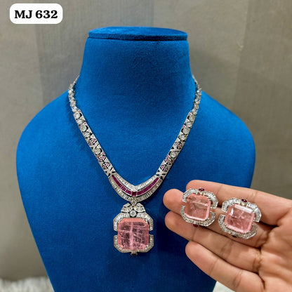 the Zevar pendant necklace set With Matching Stud Earrings Pink Luxury Square-Cut Statement Pendant Necklace Set with Matching Stud Earrings