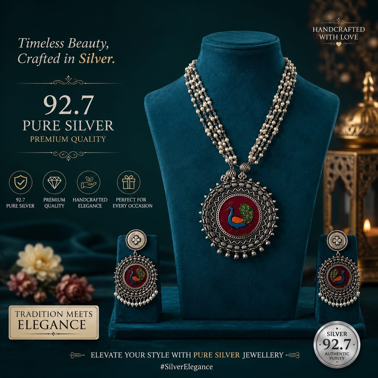 the Zevar pendant necklace set With Matching Stud Earrings The Mayura Meenakari Mala: Oxidized Peacock Statement Set