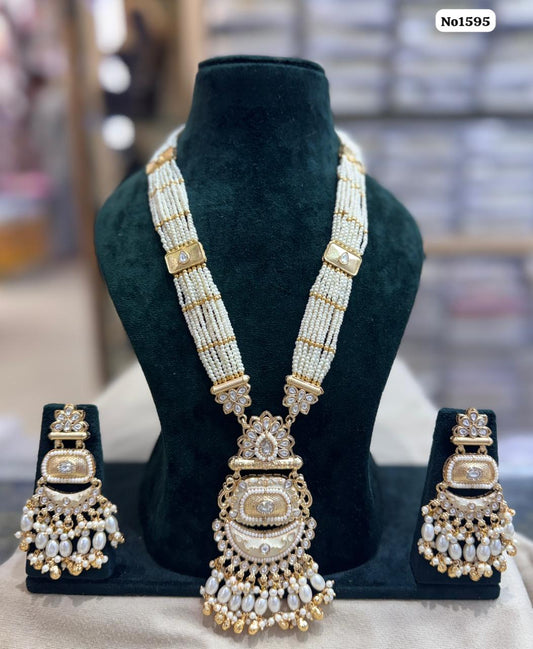 the Zevar pendant necklace set With Matching Stud Earrings White The Zevar Signature Tricolor Beaded Mala with Statement Pendant