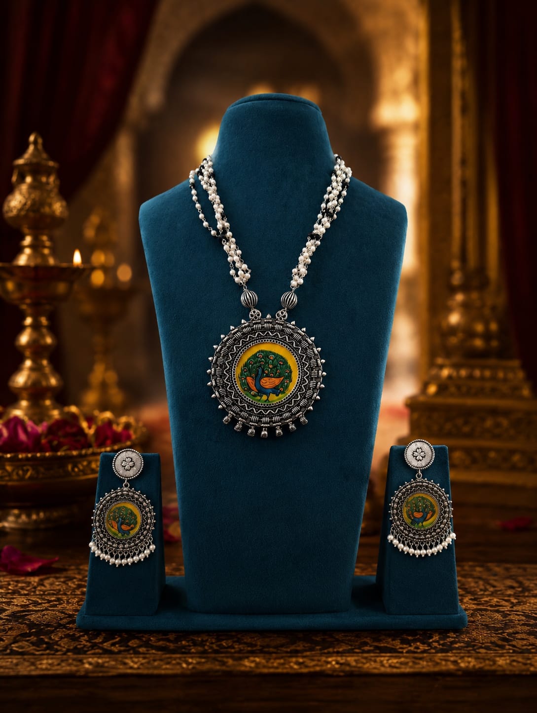 the Zevar pendant necklace set With Matching Stud Earrings Yellow The Mayura Meenakari Mala: Oxidized Peacock Statement Set