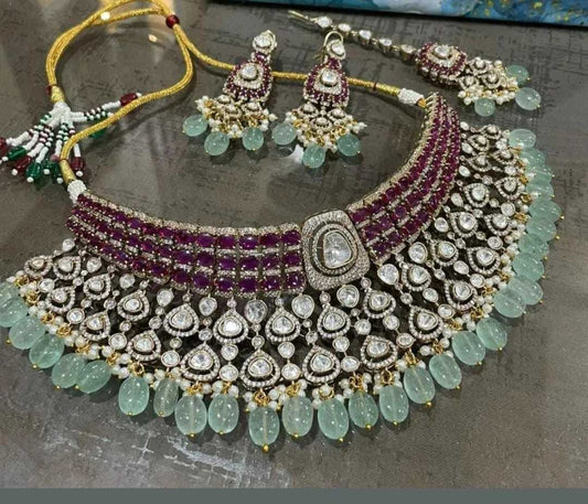 the Zevar polki bridal set : Heavy Polki-Style Bridal Choker Set with Faux Rubies and Mint Green Drops