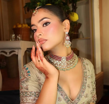 the Zevar polki bridal set Heavy Polki-Style Bridal Choker Set with Faux Rubies and Mint