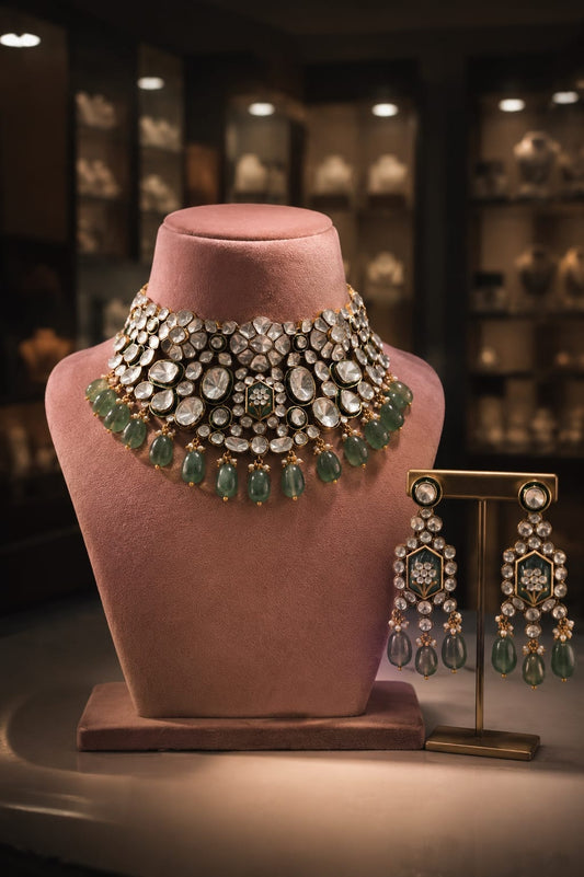 the Zevar polki bridal set The Royal Mughal-Inspired Polki & Emerald Drop Jewellery Set