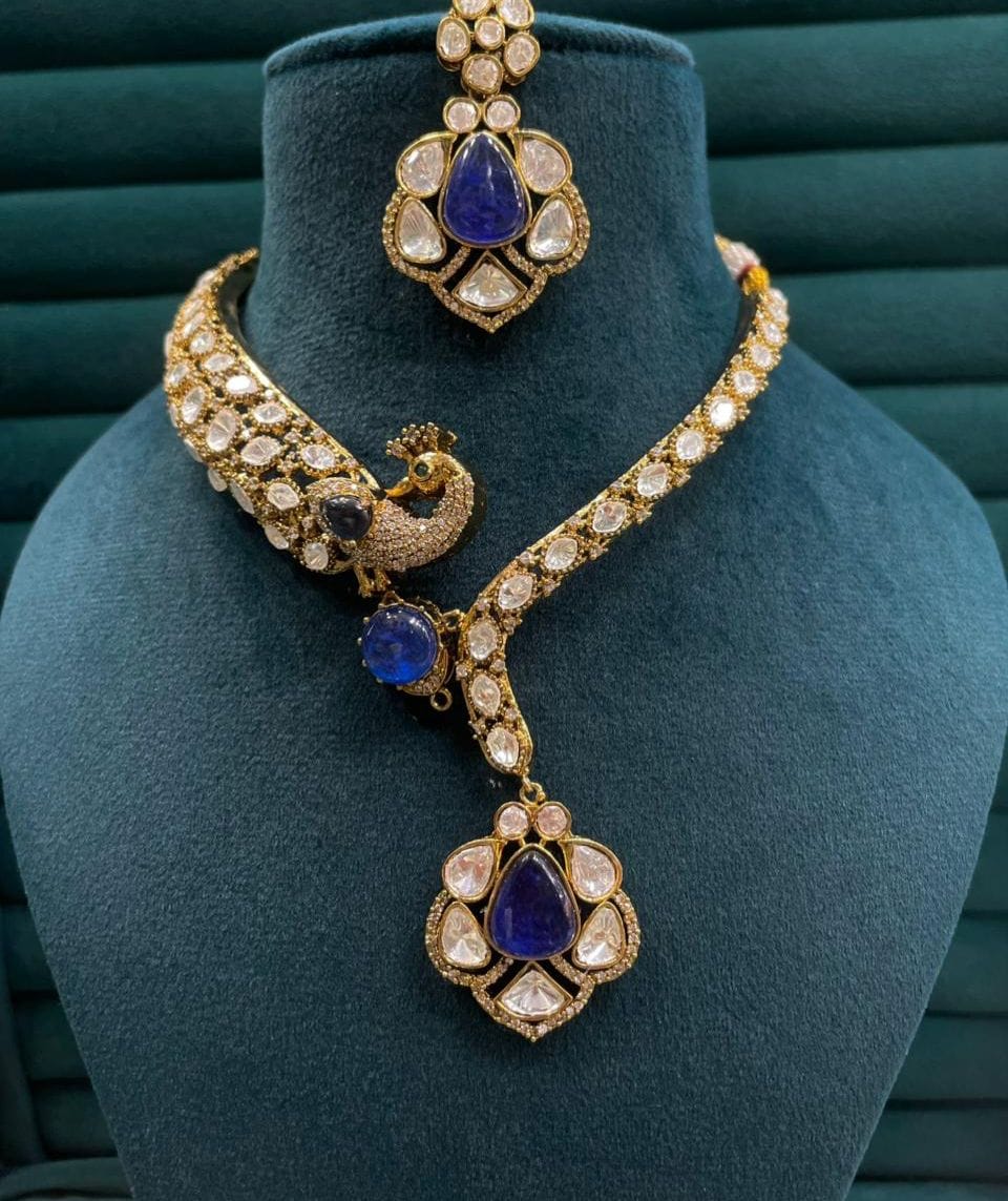 the Zevar Pulki Kundan Necklace Set Blue The Mayura Hasli: Royal Polki & Pastel Pink Fusion Set