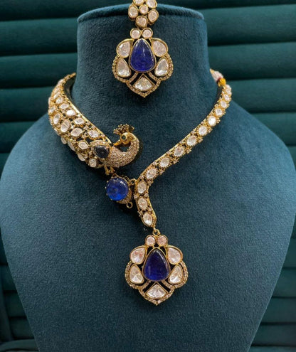the Zevar Pulki Kundan Necklace Set Blue The Mayura Hasli: Royal Polki & Pastel Pink Fusion Set