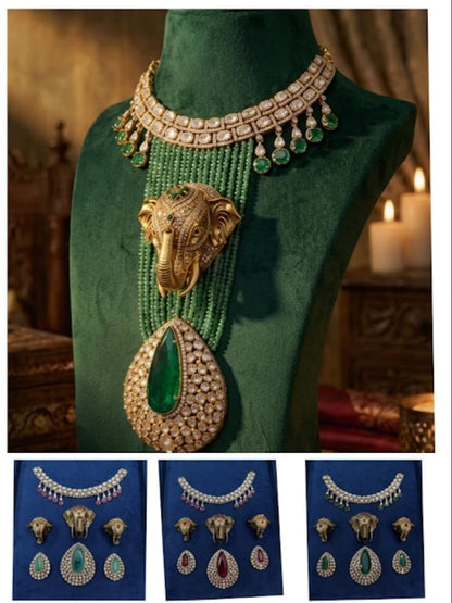 the Zevar Pulki Kundan Necklace Set Green Majestic Faux Polki Kundan & Green Bead Set