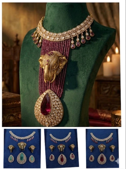 the Zevar Pulki Kundan Necklace Set Maroon Majestic Faux Polki Kundan & Green Bead Set