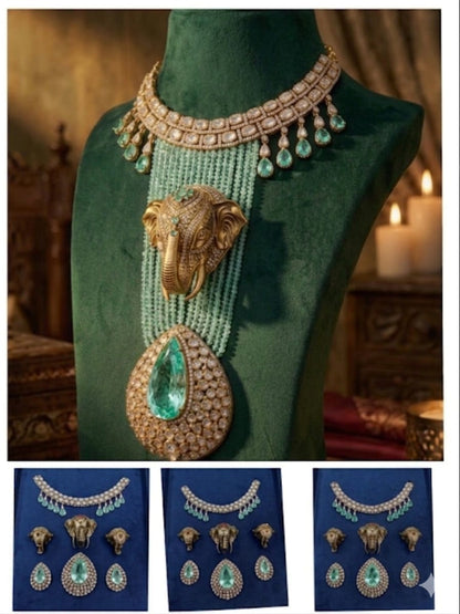 the Zevar Pulki Kundan Necklace Set Mint Green Majestic Faux Polki Kundan & Green Bead Set