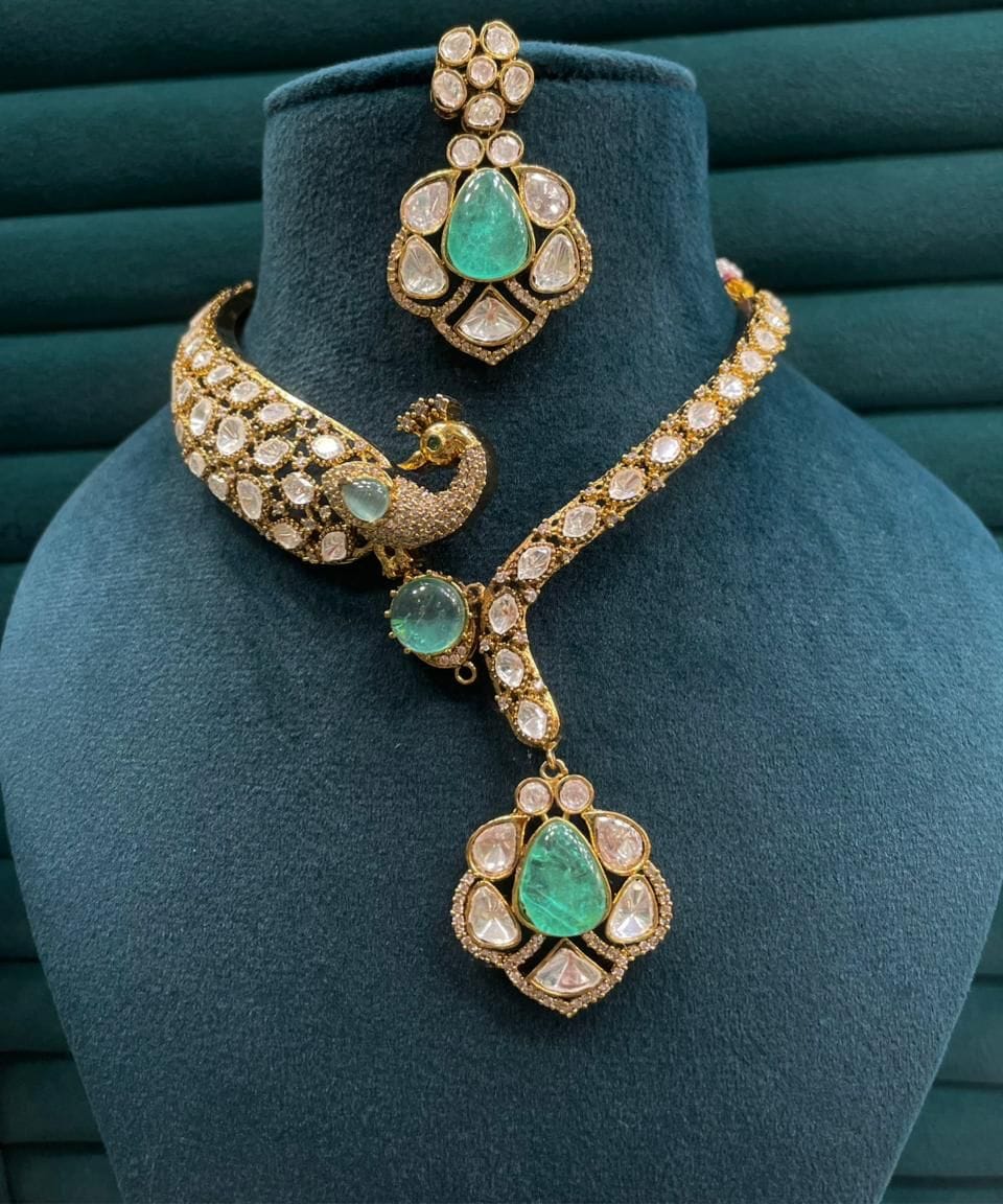 the Zevar Pulki Kundan Necklace Set Mint green The Mayura Hasli: Royal Polki & Pastel Pink Fusion Set