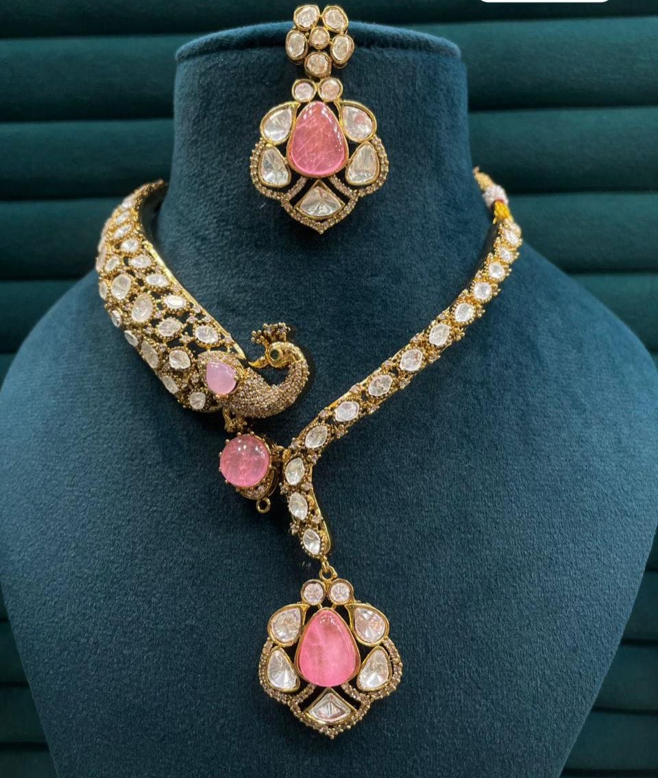 the Zevar Pulki Kundan Necklace Set Pink The Mayura Hasli: Royal Polki & Pastel Pink Fusion Set