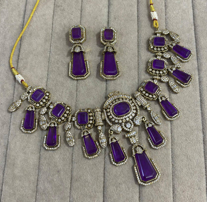 the Zevar Pulki Stone Necklace Set Purple / Metal Luxury Pastel Kundan Pulki Stone  Necklace Set