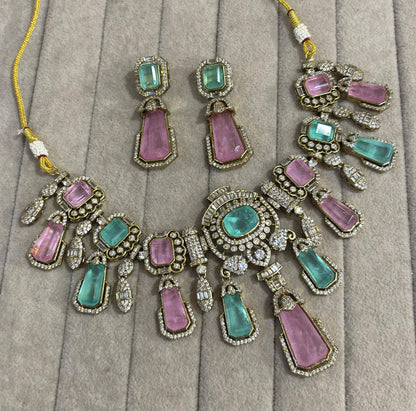 the Zevar Pulki Stone Necklace Set sea green & pink / Metal Luxury Pastel Kundan Pulki Stone  Necklace Set