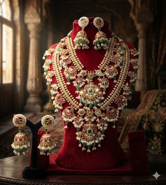 the Zevar Pulki with layered Necklace Set Exquisite Traditional Layered Bridal Necklace Set with Ruby, Emerald Stones & Pearl Drops