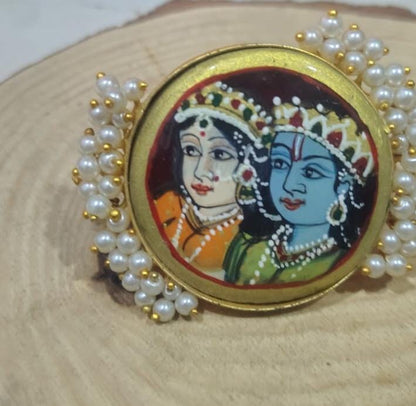 the Zevar Ring Radha Krishna Miniature Art Pearl Statement Ring