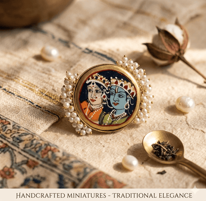 the Zevar Ring Radha Krishna Miniature Art Pearl Statement Ring