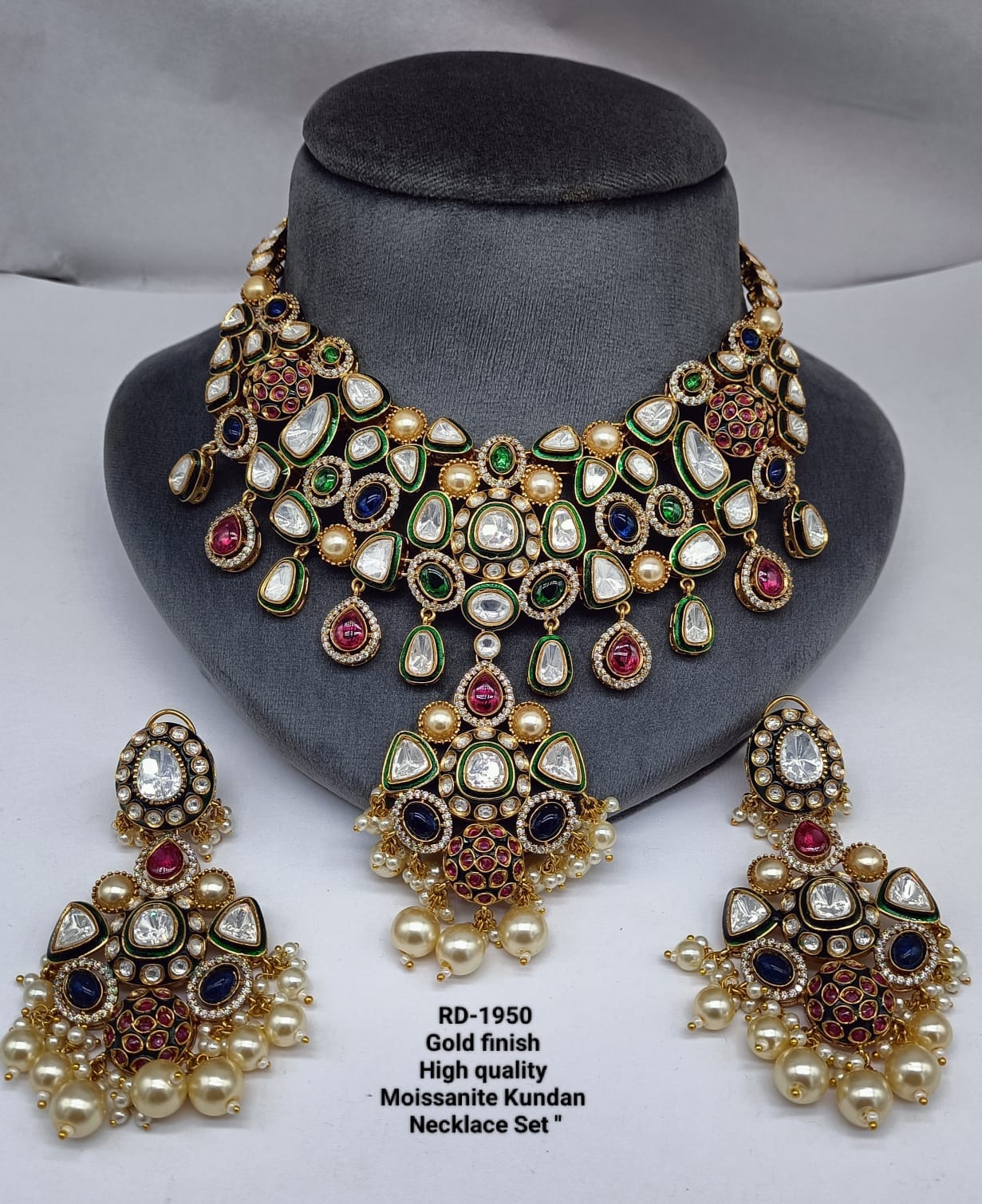 the Zevar royal kundan bridal necklace set Royal Gold Finish Moissanite Kundan Bridal Necklace Set with Pearl Drop Earrings