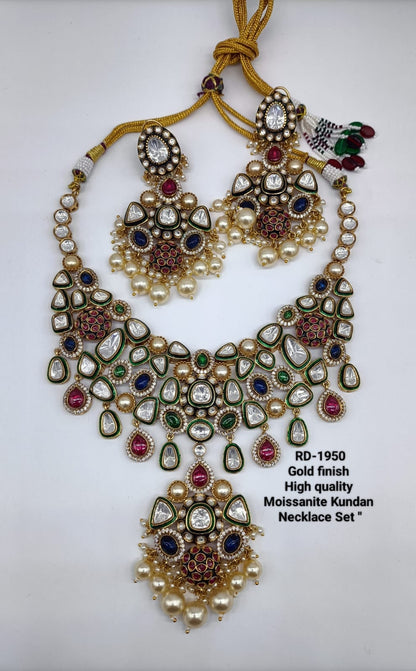 the Zevar royal kundan bridal necklace set Royal Gold Finish Moissanite Kundan Bridal Necklace Set with Pearl Drop Earrings