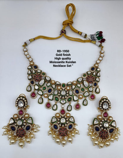 the Zevar royal kundan bridal necklace set Royal Gold Finish Moissanite Kundan Bridal Necklace Set with Pearl Drop Earrings