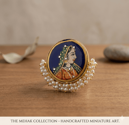 the Zevar Royal ring Royal Mughal Miniature Art Pearl Ring | Handcrafted Vintage Statement Ring