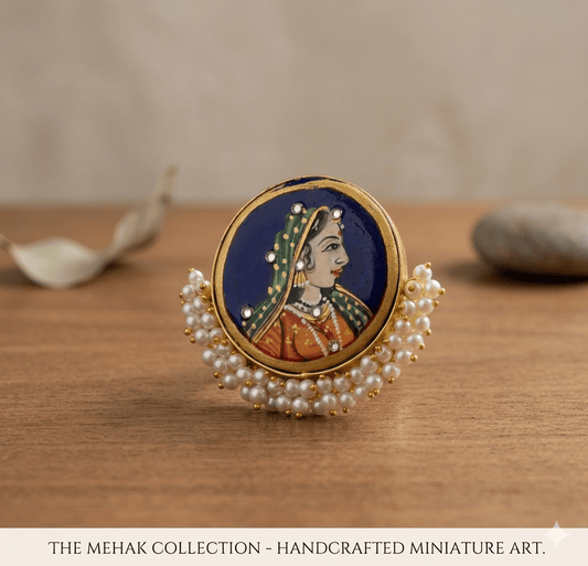 the Zevar Royal ring Royal Mughal Miniature Art Pearl Ring | Handcrafted Vintage Statement Ring