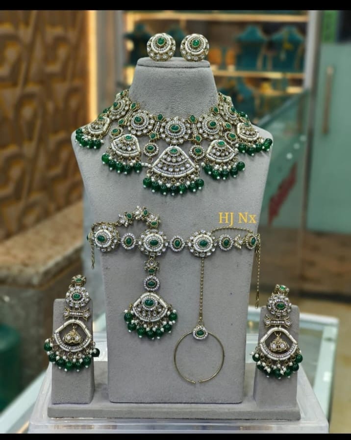 the Zevar Semi Bridal Jewelry Set Antique Finish Faux Semi  Bridal Jewelry  Set with Scalloped Motifs &amp; Emerald Drops