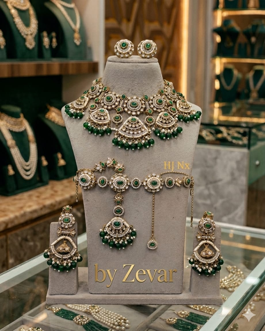 the Zevar Semi Bridal Jewelry Set Antique Finish Faux Semi  Bridal Jewelry  Set with Scalloped Motifs &amp; Emerald Drops