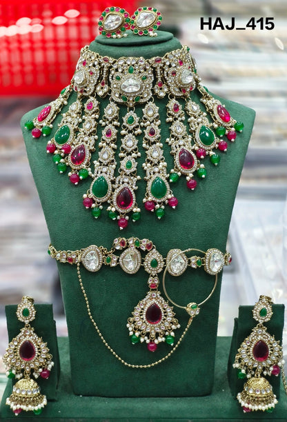 the Zevar Semi Bridal Jewelry Set D Green + Maroon Royal Antique Gold Imitation Semi  Bridal Collection in Classic Multicolour Kundan