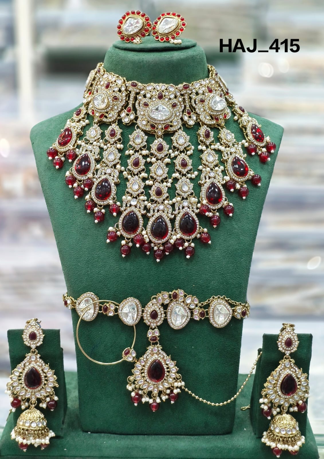 the Zevar Semi Bridal Jewelry Set Dark Maroon Royal Antique Gold Imitation Semi  Bridal Collection in Classic Multicolour Kundan