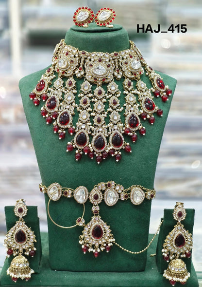 the Zevar Semi Bridal Jewelry Set Dark Maroon Royal Antique Gold Imitation Semi  Bridal Collection in Classic Multicolour Kundan