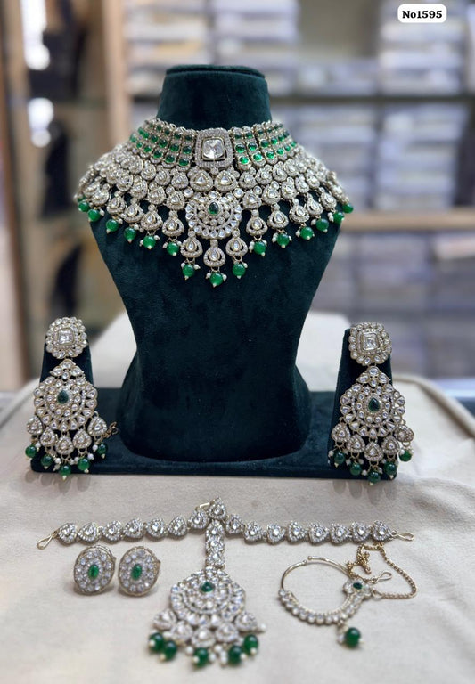 the Zevar Semi Bridal Jewelry Set Emerald Green Complete Indian Semi Bridal Jewelry Set with Green Drops and Clear Stones