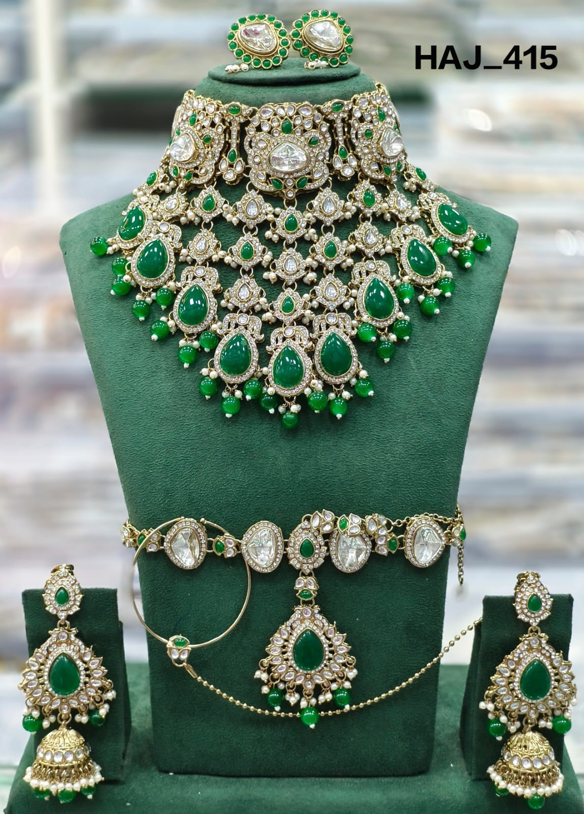 the Zevar Semi Bridal Jewelry Set Emerald Green Royal Antique Gold Imitation Semi  Bridal Collection in Classic Multicolour Kundan
