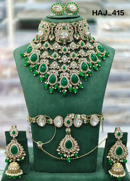 the Zevar Semi Bridal Jewelry Set Emerald Green Royal Antique Gold Imitation Semi  Bridal Collection in Classic Multicolour Kundan