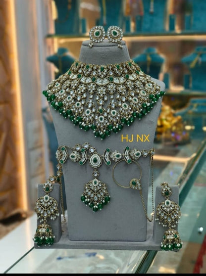 the Zevar Semi Bridal Jewelry Set Ethereal Emerald & Pearl Semi Bridal Jewelry Set – Handcrafted Kundan Choker & Matha Patti Collection
