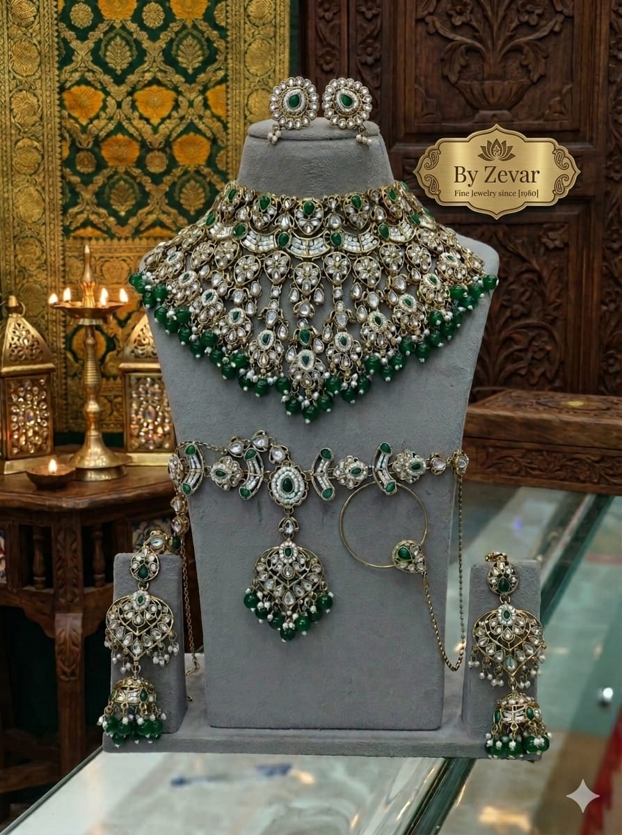 the Zevar Semi Bridal Jewelry Set Ethereal Emerald & Pearl Semi Bridal Jewelry Set – Handcrafted Kundan Choker & Matha Patti Collection