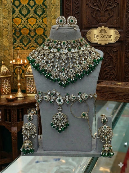 the Zevar Semi Bridal Jewelry Set Ethereal Emerald & Pearl Semi Bridal Jewelry Set – Handcrafted Kundan Choker & Matha Patti Collection