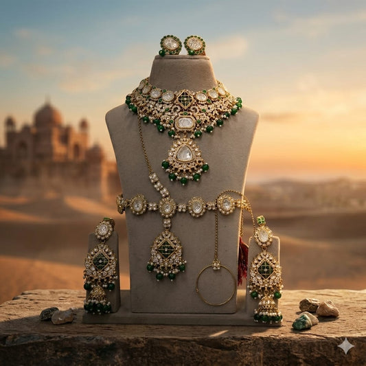 the Zevar Semi Bridal Jewelry Set Exquisite Faux Polki & Green Semi Bridal Set