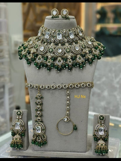 the Zevar Semi Bridal Jewelry Set Grand Faux Semi Bridal Choker Set with Clear Stones & Deep Green Drops