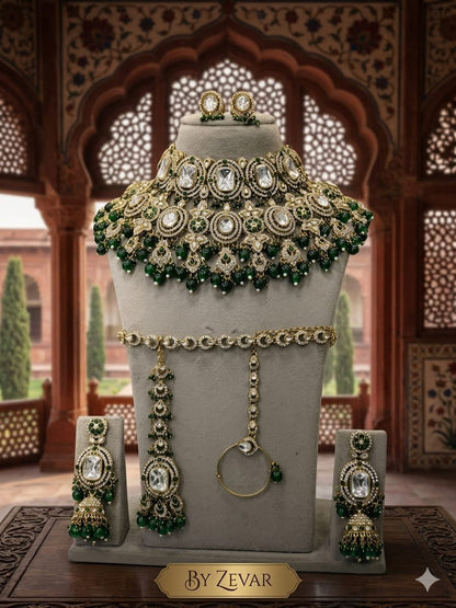 the Zevar Semi Bridal Jewelry Set Grand Faux Semi Bridal Choker Set with Clear Stones & Deep Green Drops